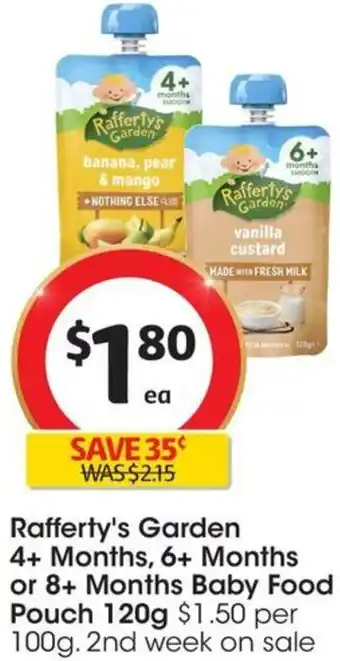 Coles Rafferty's Garden 4+ Months, 6+ Months or 8+ Months Baby Food Pouch 120g offer