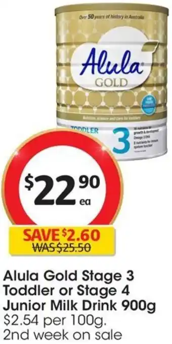 Coles Alula Gold Stage 3 Toddler or Stage 4 Junior Milk Drink 900g offer