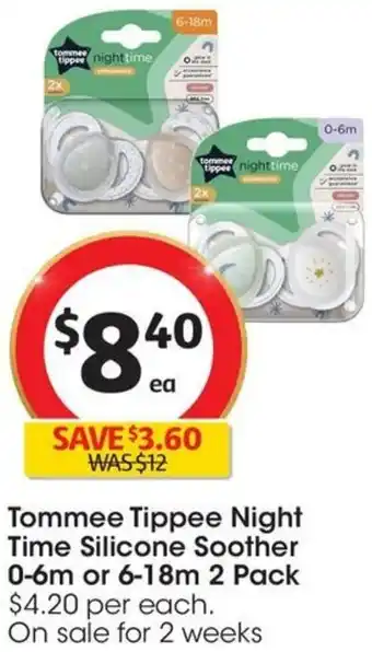 Coles Tommee Tippee Night Time Silicone Soother 0-6m or 6-18m 2 Pack offer