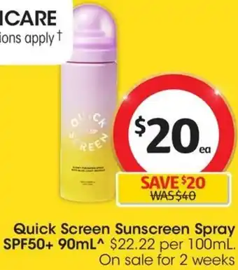 Coles Quick Screen Sunscreen Spray SPF50+ 90mL offer