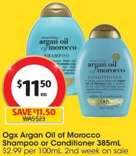 Ogx Argan Oil of Morocco Shampoo or Conditioner 385mL offer at Coles