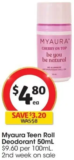 Coles Myaura Teen Roll Deodorant 50mL offer