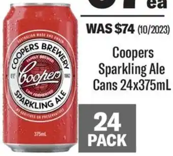 Coles Coopers Sparkling Ale Cans 24x375mL offer