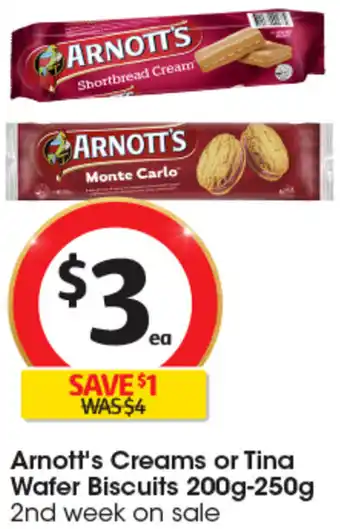 Coles Arnott's Creams or Tina Wafer Biscuits 200g-250g offer