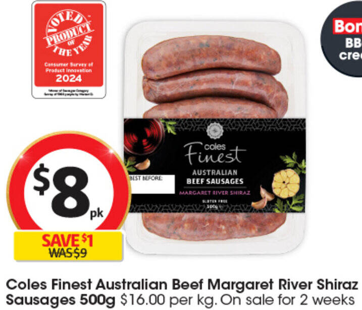 Coles Finest Australian Beef Margaret River Shiraz Sausages 500g offer