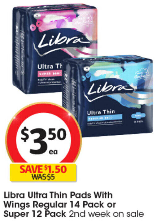 Libra Ultra Thin Pads With Wings Regular 14 Pack or Super 12 Pack offer at Coles