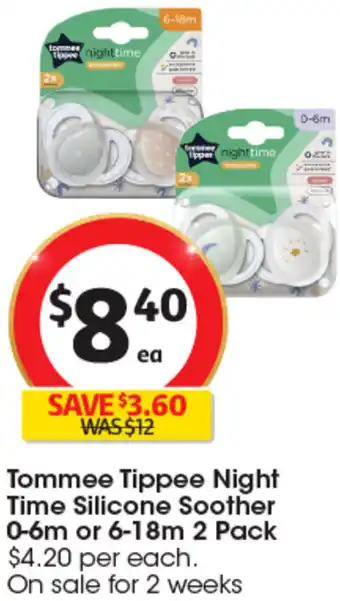 Coles Tommee Tippee Night Time Silicone Soother 0-6m or 6-18m 2 Pack offer