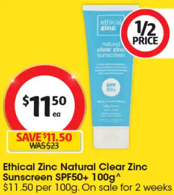 Coles Ethical Zinc Natural Clear Zinc Sunscreen SPF50+ 100g offer