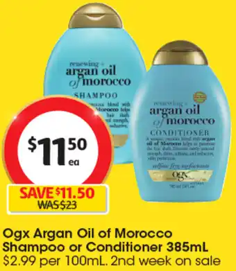 Coles Ogx Argan Oil of Morocco Shampoo or Conditioner 385mL offer