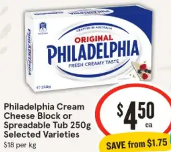 IGA Philadelphia Cream Cheese Block or Spreadable Tub 250g offer