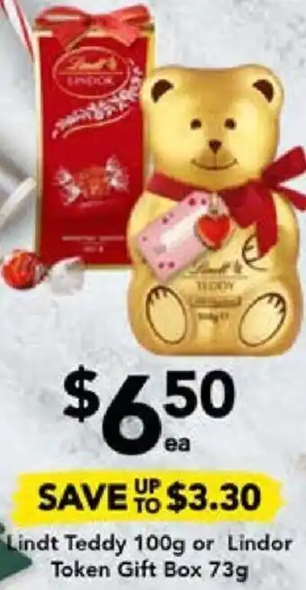 Drakes Lindt Teddy 100g or Lindor Token Gift Box 73g offer
