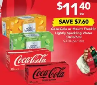 Coca-Cola or Mount Franklin Lightly Sparkling Water 10x375ml