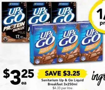 Drakes Sanitarium Up & Go Liquid Breakfast 3x250ml offer