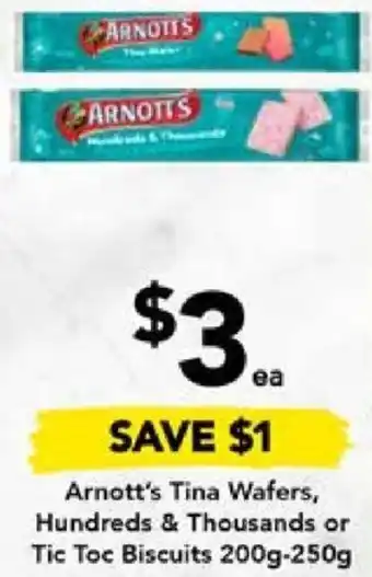 Arnott's Tina Wafers, Hundreds & Thousands or Tic Toc Biscuits 200g-250g