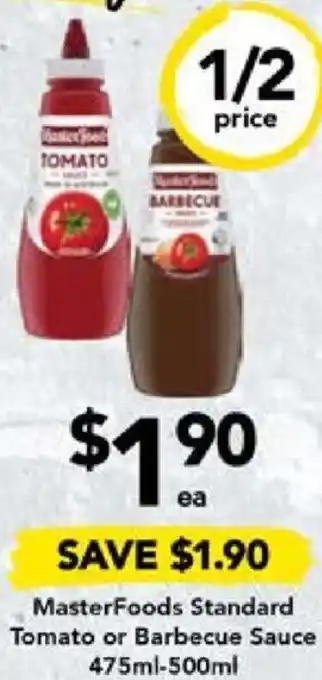 Drakes MasterFoods Standard Tomato or Barbecue Sauce 475ml-500ml offer