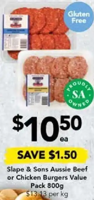 Drakes Slape & Sons Aussie Beef or Chicken Burgers Value Pack 800g offer