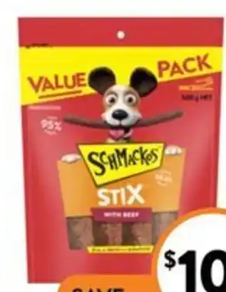 Foodworks Schmackos Marrowbone 737g, Strapz or Stix Value Pack 500g offer