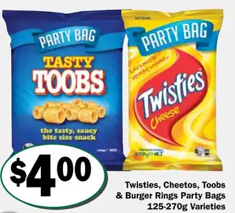 Friendly Grocer Twisties, Cheetos, Toobs & Burger Rings Party Bags 125-270g Varieties offer