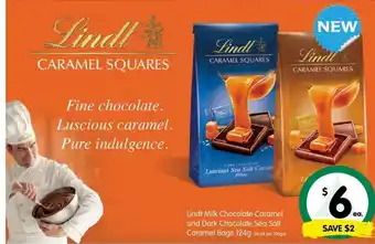 Spar Lindt Milk Chocolate Caramel and Dark Chocolate Sea Salt Caramel Bags 124g offer
