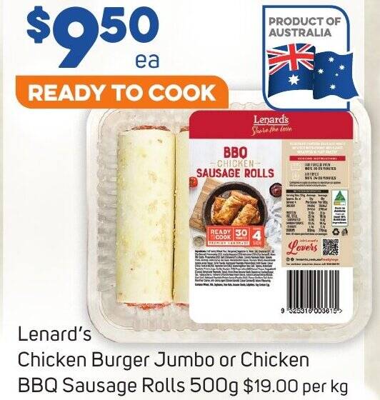 Lenard's Chicken Burger Jumbo or Chicken BBQ Sausage Rolls 500g offer