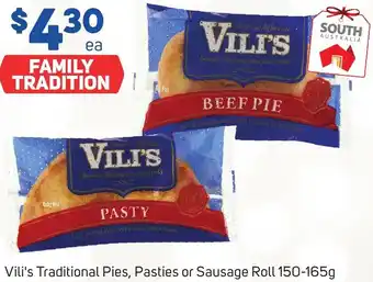 Foodland Vili's Traditional Pies, Pasties or Sausage Roll 150-165g offer
