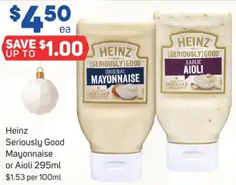 Foodland Heinz Seriously Good Mayonnaise or Aioli 295ml offer