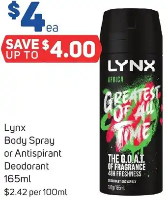 Foodland Lynx Body Spray or Antispirant Deodorant 165ml offer