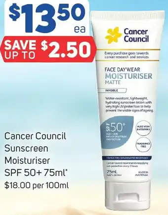 Cancer Council Sunscreen Moisturiser SPF 50+ 75ml