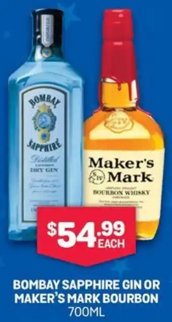 Bottlemart BOMBAY SAPPHIRE GIN OR MAKER'S MARK BOURBON 700ML offer