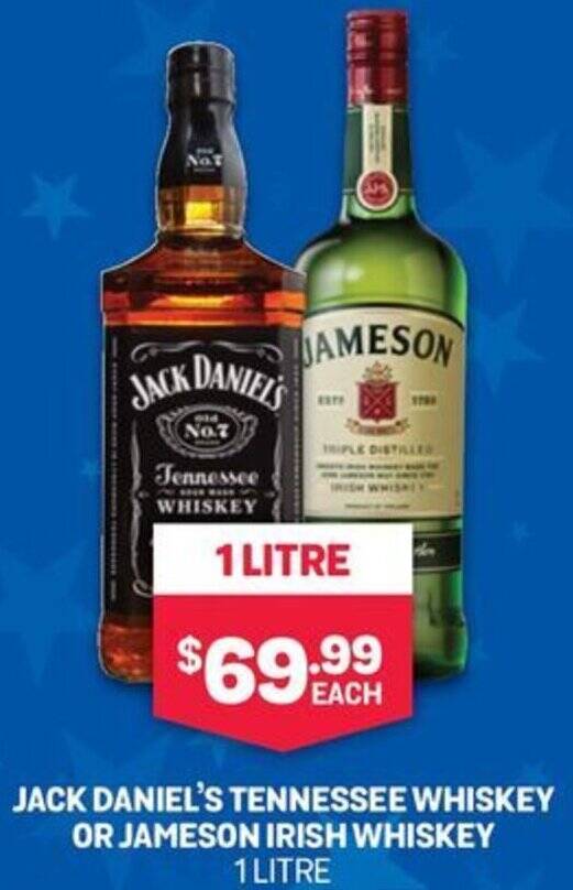 JACK DANIEL'S TENNESSEE WHISKEY OR JAMESON IRISH WHISKEY 1 LITRE offer