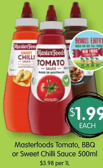 Spudshed Masterfoods Tomato, BBQ or Sweet Chilli Sauce 500ml offer