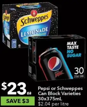 Ritchies Pepsi or Schweppes Can Block Varieties 30x375mL offer