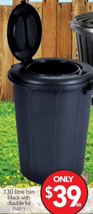 Cheap as Chips 130 Litre Bin Black with Double Lid offer