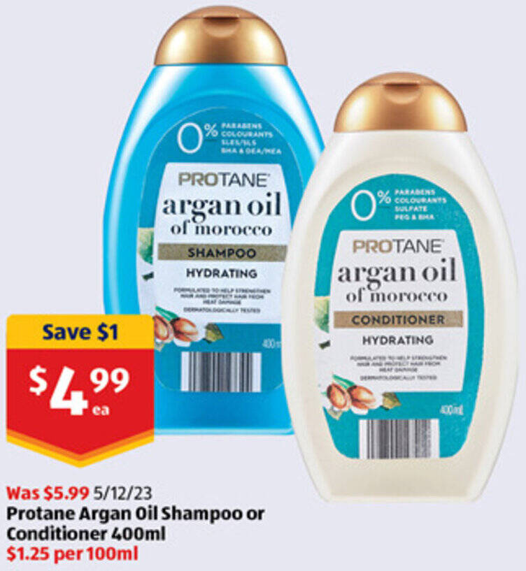 Protane Argan Oil Shampoo or Conditioner 400ml offer at ALDI