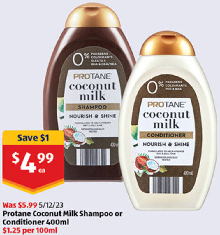 Protane Coconut Milk Shampoo or Conditioner 400ml offer at ALDI