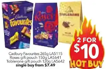 Cheap as Chips Cadbury Favourites 265g, Roses gift pouch 150g or Toblerone gift pouch 120g offer