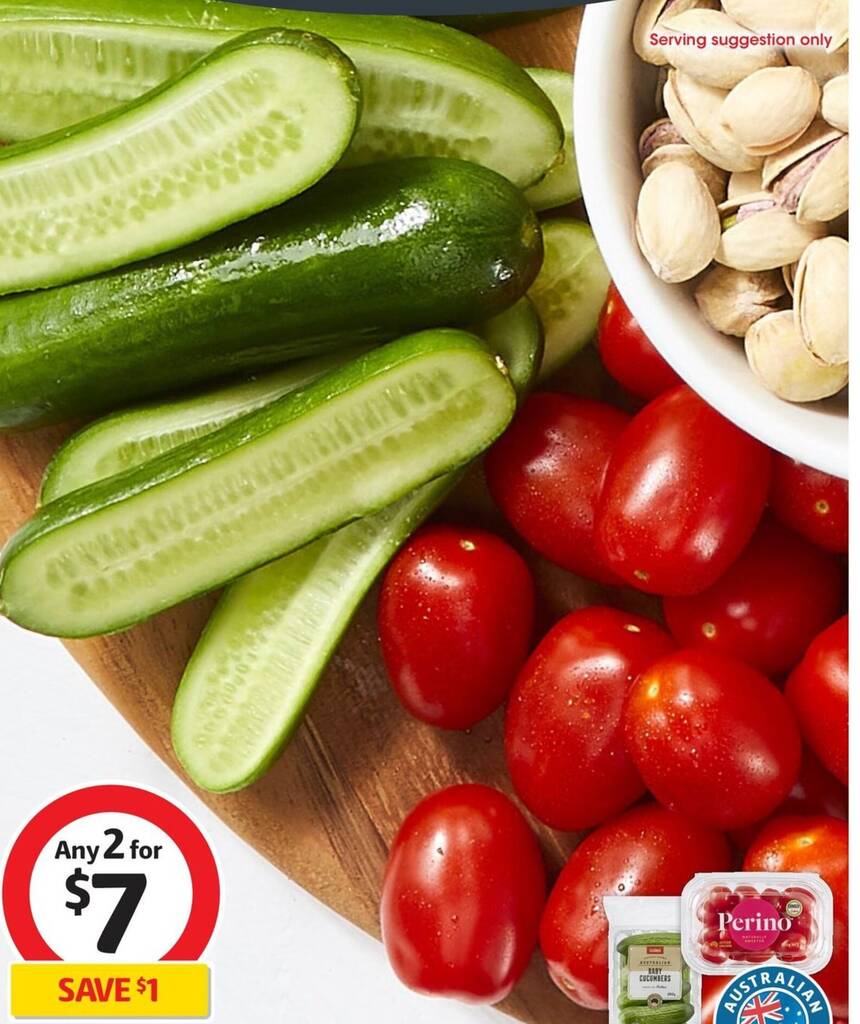 Coles Australian Baby Cucumbers 250g or Red Perino Tomatoes 200g offer