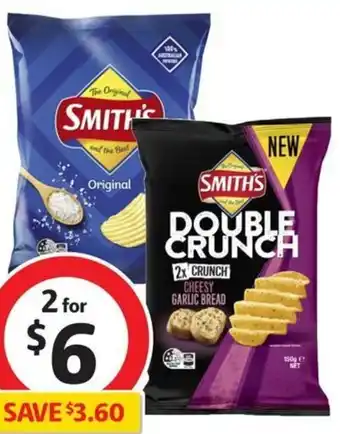 Coles Smith's Crinkle Cut or Double Crunch Potato Chips or Doritos Corn Chips 150g-170g offer