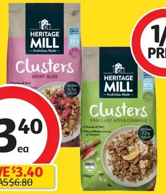 Coles Heritage Mill Muesli or Clusters 750g offer
