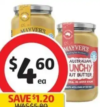Coles Mayver's Smooth or Crunchy Natural Peanut Butter 375g offer