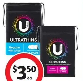 Coles U By Kotex Ultra Thin Pads Regular with Wings 14 Pack or Super with Wings 12 Pack offer