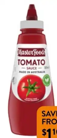 Foodworks MasterFoods Squeezy Sauce Tomato or BBQ 475/500ml offer