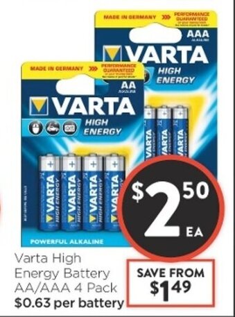 Foodworks Varta High Energy Battery AA/AAA 4 pack offer