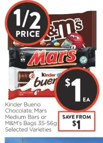 Foodworks Kinder Bueno Chocolate, Mars Medium Bars or M&M's Bags 35-56g offer