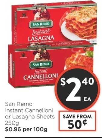 Foodworks San Remo Instant Cannelloni or Lasagna Sheets 250g offer