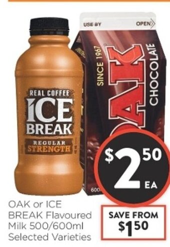 Foodworks OAK or ICE BREAK Flavoured Milk 500/600ml offer