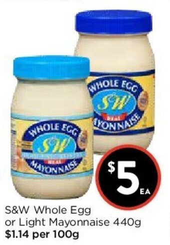 Foodworks S&W Whole Egg or light Mayonnaise 440g offer