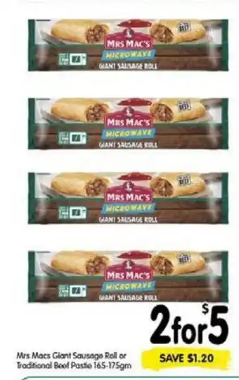 Spar Mrs Mac's Giant Sausage Roll or Tradicional Beef Pastie 165-175gm offer