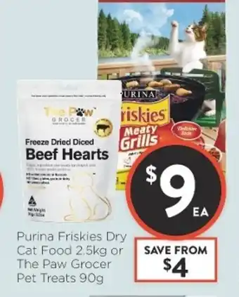 Foodworks Purina Friskies Dry Cat Food 2,5kg or The Paw Grocer Pet Treats 90g offer