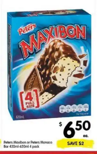 Spar Peters Maxibon or Peters Monaco Bar 420ml-620ml 4 Pack offer